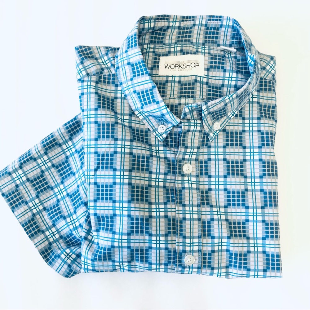 JB Workshop Blue Geometric Button Up Short Sleeve Shirt - Mens M